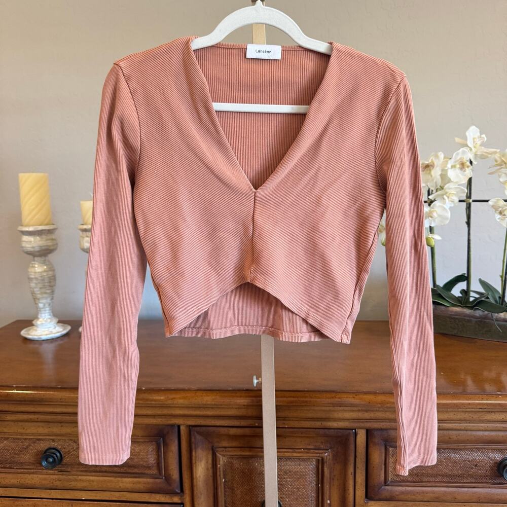 Lanston Ribbed Long Sleeve Crop Top Dusty Rose Size M